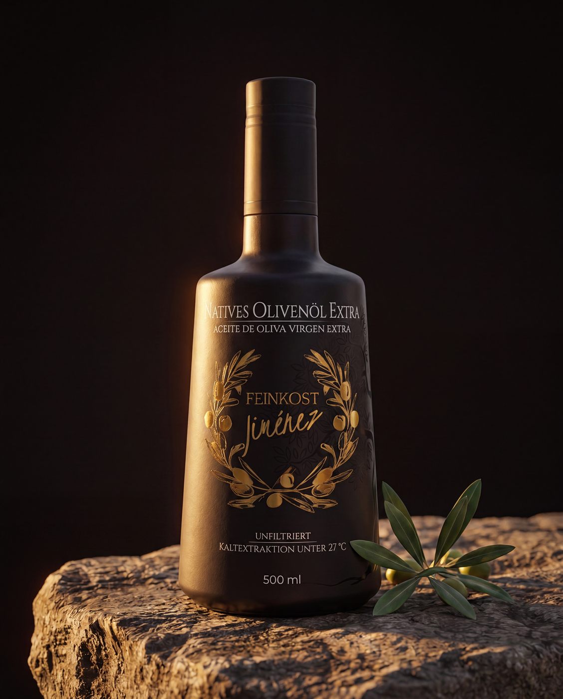 Schwarz-matte, lichtschützende Olivenöl-Flasche