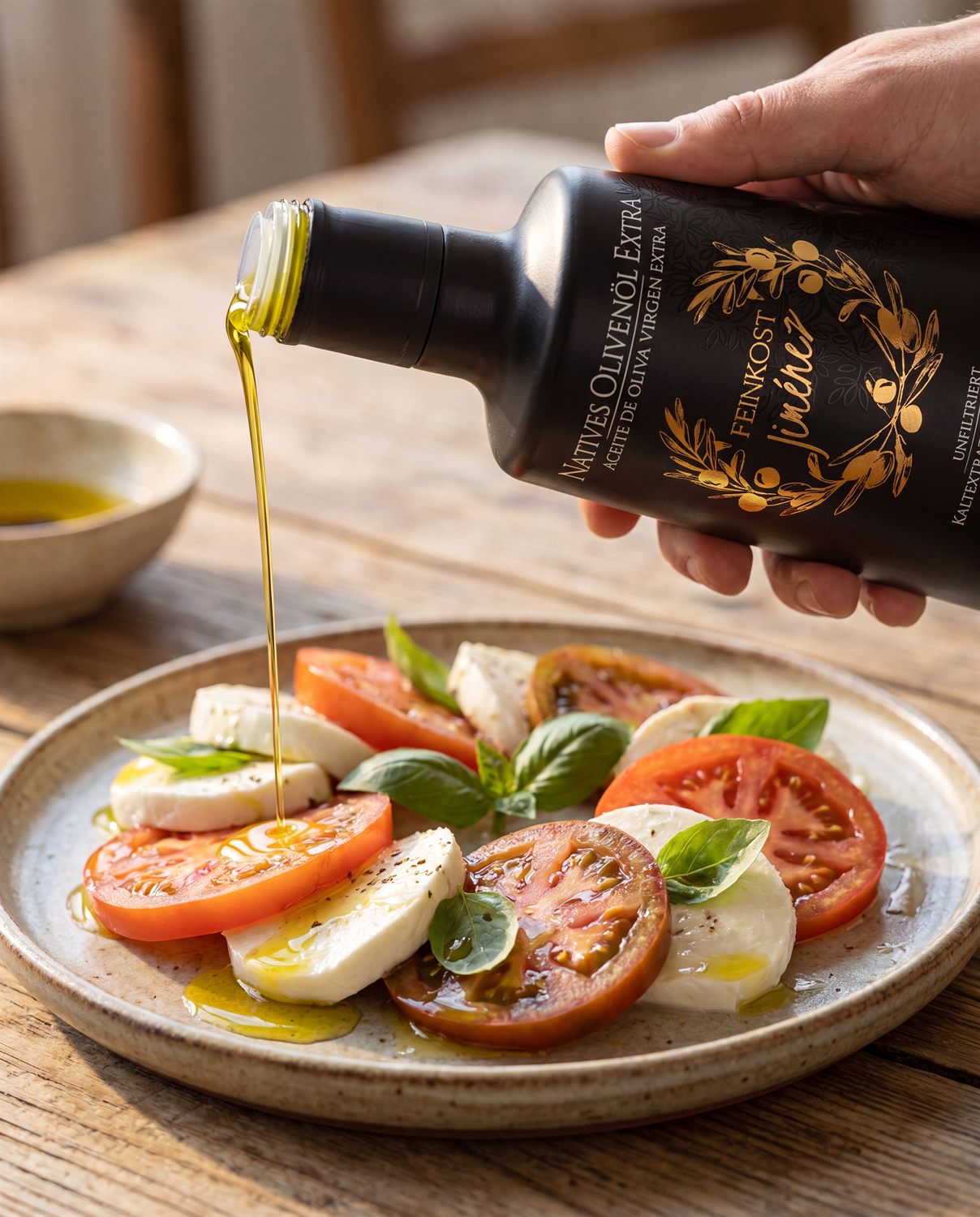 Olivenöl über Tomaten und Brot