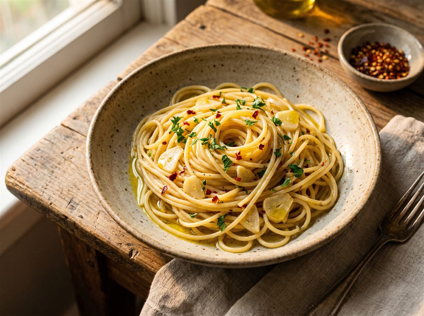 Spaghetti Aglio e Olio mit gutem Olivenöl
