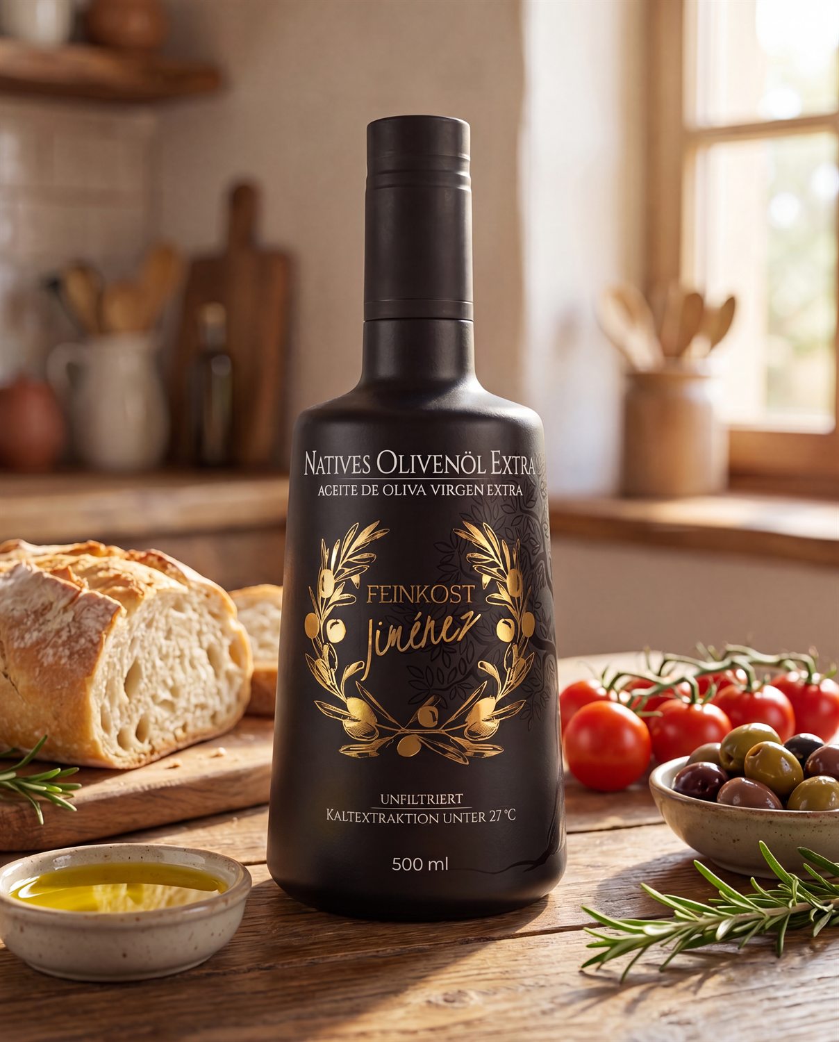 Gedeckter mediterraner Tisch mit Feinkost Jiménez Olivenöl
